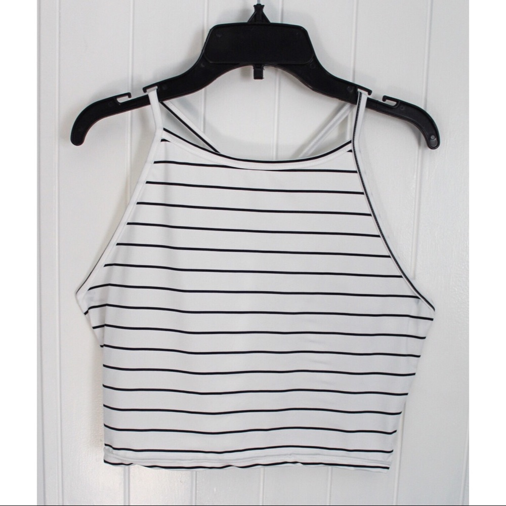 (Sold)Striped Black and White Halter Crop Top